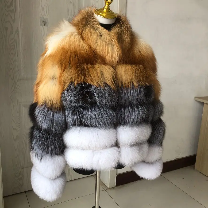 Women\'s Fall Winter Luxury Natural Fur Coat Ladies Fashion Real Fox Fur and Red Fox Silver Fox Fur Mixed High Quality Fur Jacket