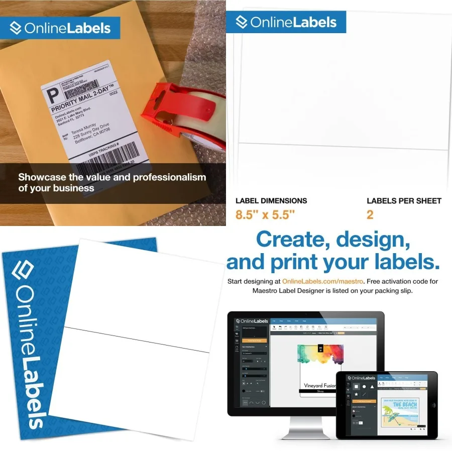 

8.5 x 5.5 Half-Sheet Shipping Labels for FBA FedEx UPS - Permanent White Matte Finish - Compatible with Inkjet and Laser Printe