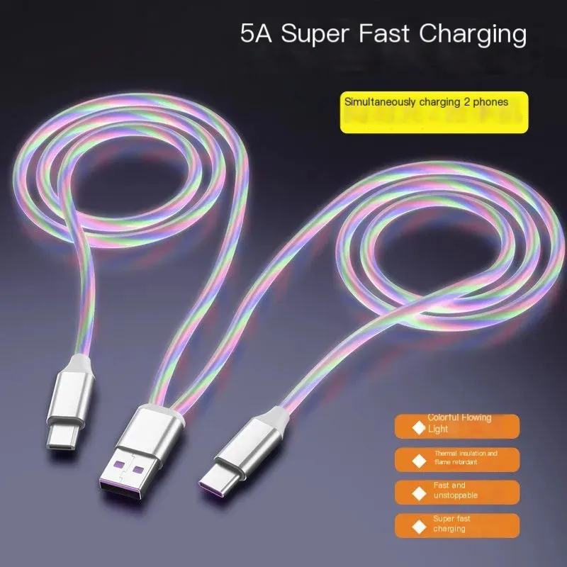 Colorful Flowing Light USB Charging Cable 1 meter and 2 in 1 Type-C Micro USB Connectors Fast Charging 6A For Android Smartphone