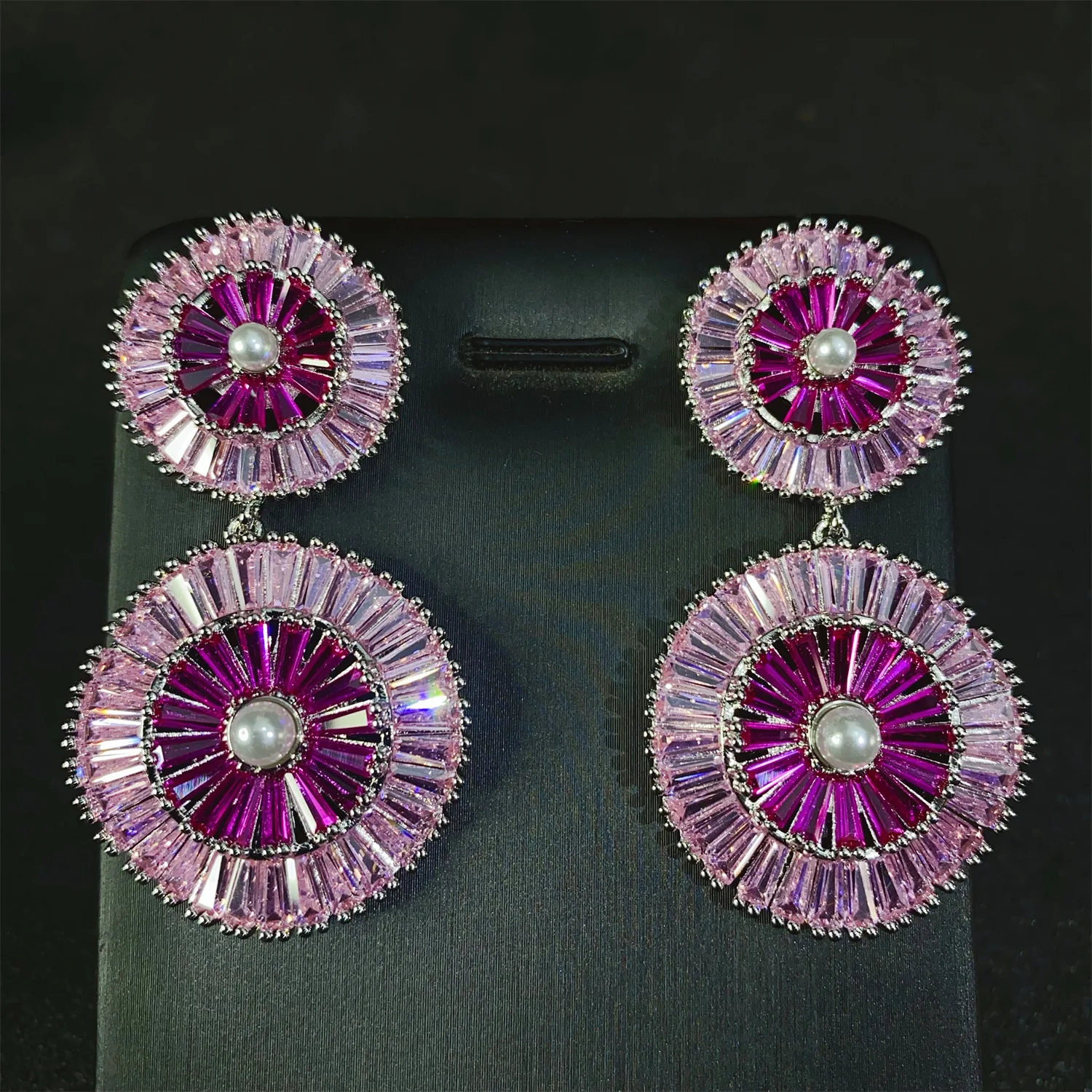 Classy Luxury Earrings Wedding Bride Dinner Party Jewelry Women Dangle Earrings Round Fushia Pink White Zircon Anniversary Gift