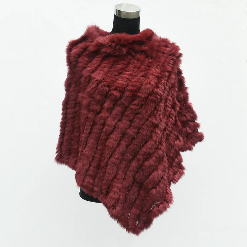 

CX-B-13 Hot Pink Genuine Top Quality Triangle Rabbit Fur Knit Cape Fur Poncho Shawl Women