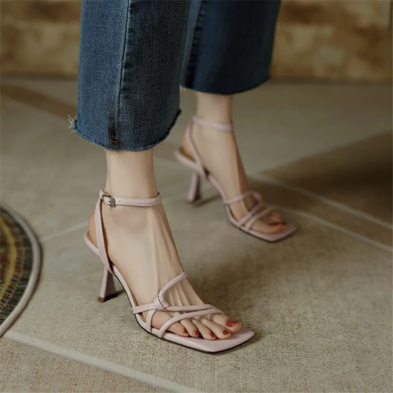 New Summer Sandals Cow Leather Sandals Casual French Square Toe High Heels Sandals for Women Zapatos De Mujer Handmade Stiletto