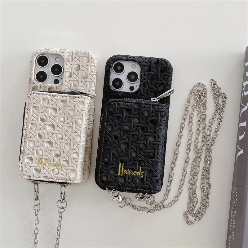 

Luxury woven pattern Card package Metal letter Phone Cover Case For Iphone 15 14 13 12 11 Pro Max With lanyard hard Coque Fundas