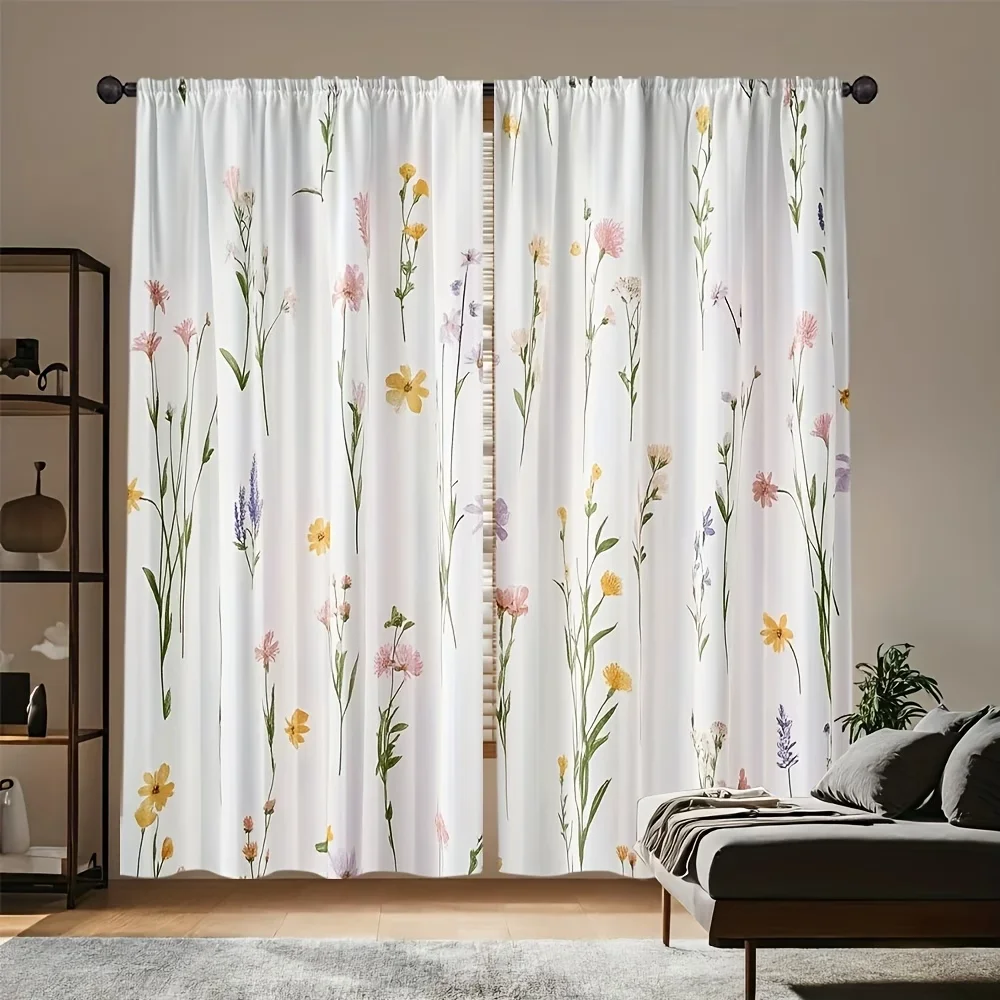 2PCS Digital Printed Curtains, Flower Branches Botanical Floral Stem, Window Treatments for Living Room Bedroom Home Decoration