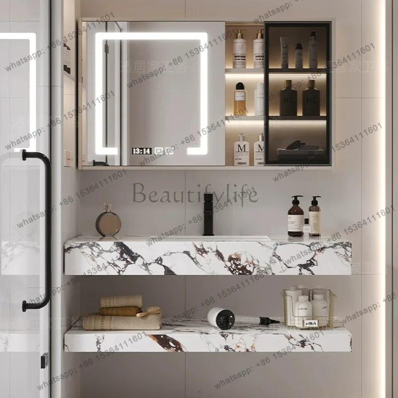 

Luxury Bathroom Vanity with Bulgari Style Rock Plate Double-Tier Countertop & LED Smart Mirror Cabinet bathroom furniture