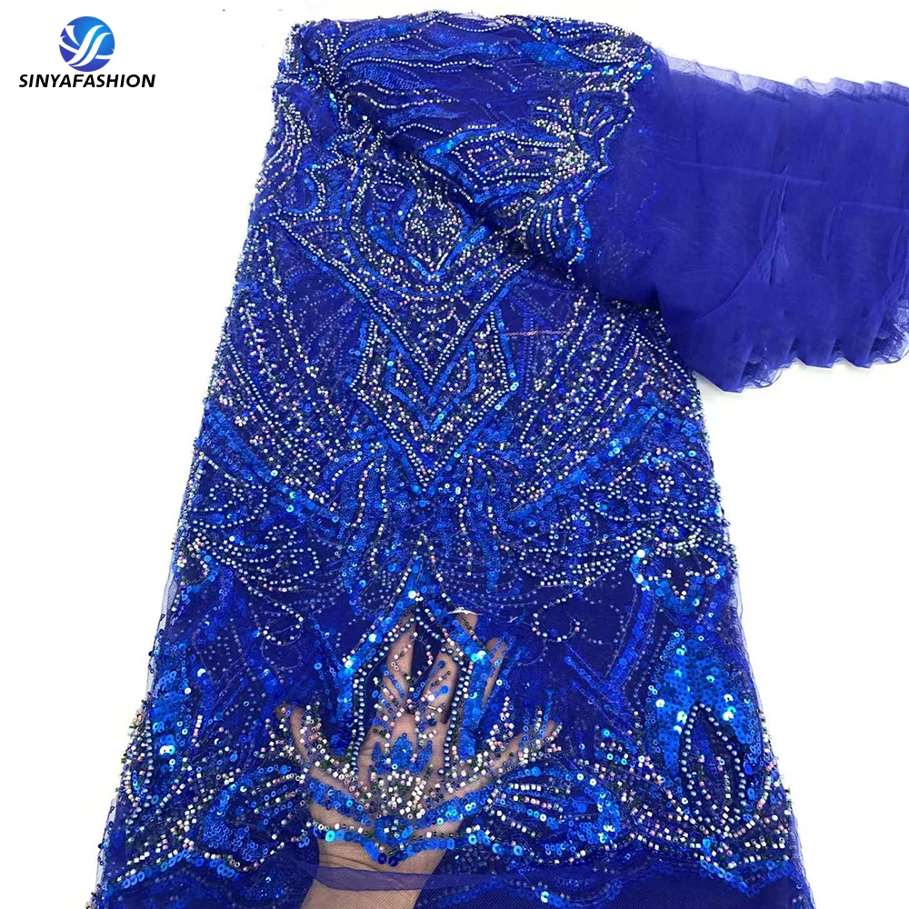 Sinya Royal Blue High Quality African Bridal Nigerian Wedding French Tulle Embroidered Sequins Luxury Heavy Beaded Lace Fabric