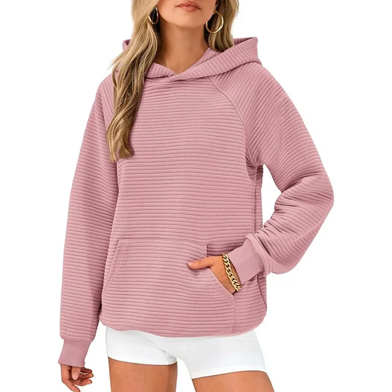 Autumn Winter Pitted Stripes Hooded Sweatshirt Women Comfortable Casual Hoodie Female Kangaroo Pocket Splice Pullover Outerwear