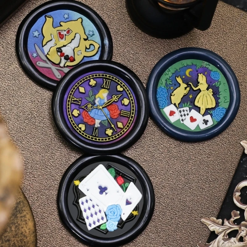 Alice Wonderland Brass Wax Seal Stamp Head Featuring Alice & White Rabbit Magic Book Teapot Poker Key Clock Pattern