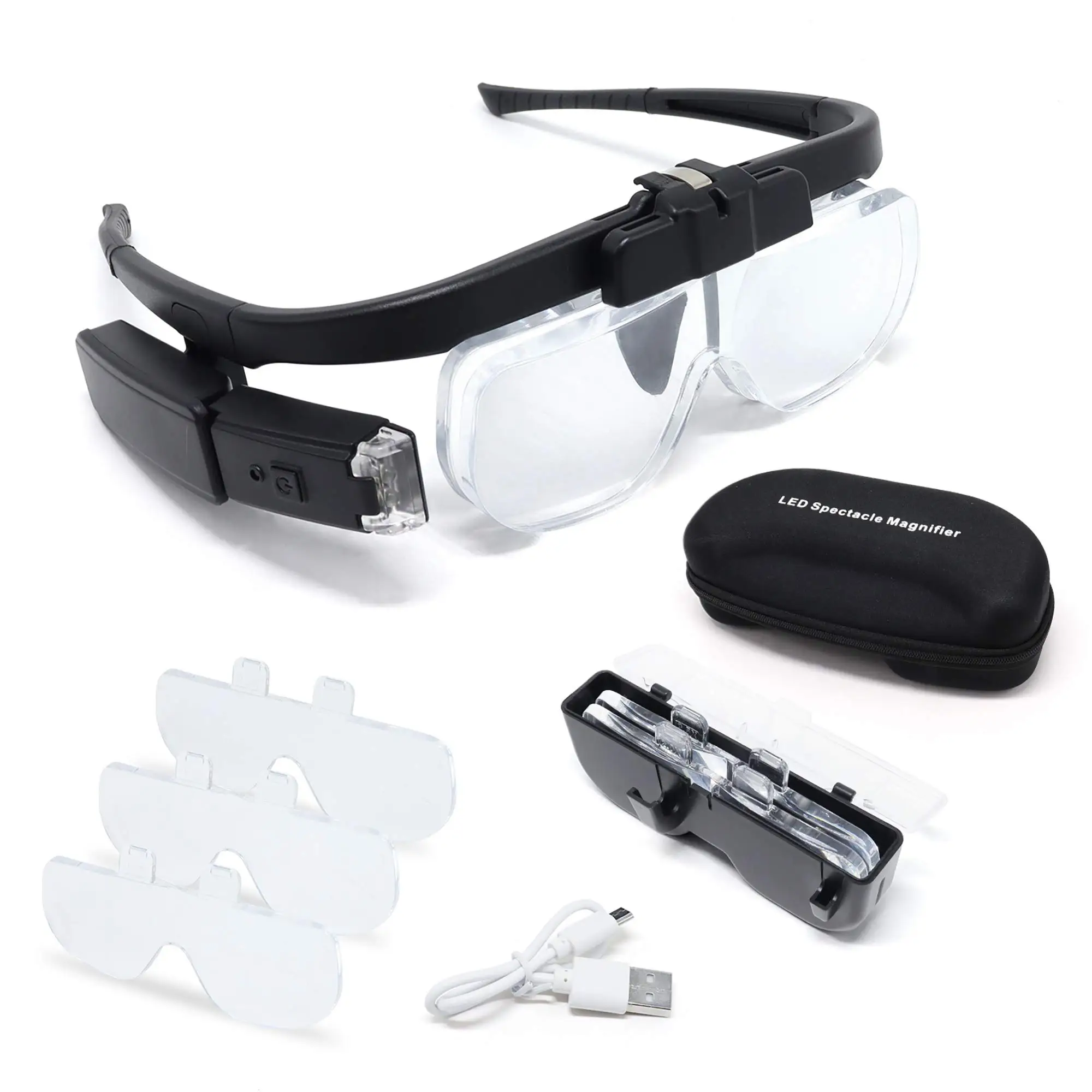 

LED Head Mount Magnifier Glasses with 3 Detachable Lenses 2 Led Professional Jeweler Loupe Light USB Rechargeable Hands