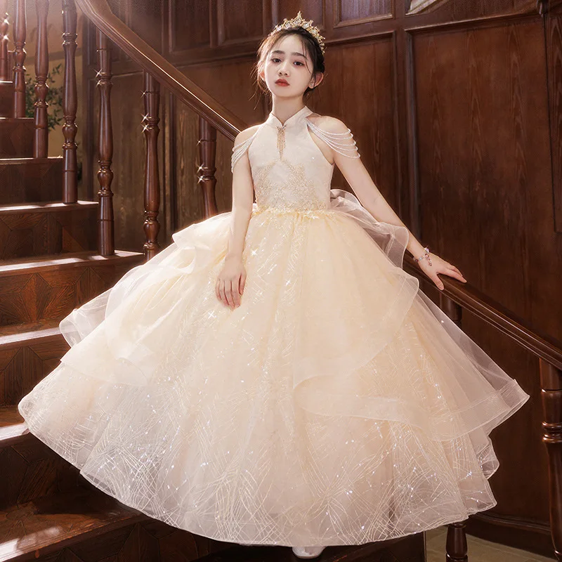 Girls' Dress, High-End and Beautiful Champagne Ten Years Old Birthday Girl Princess Dress Piano Performance Tulle Tutu Performan