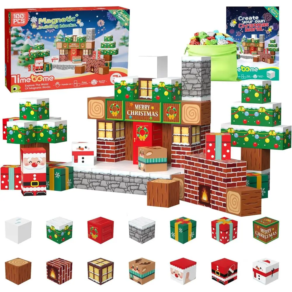 

100-Piece Magnetic Building Blocks Set, Educational STEM Toys for Kids Aged 3-10, Montessori-Inspired (Holiday Edition)