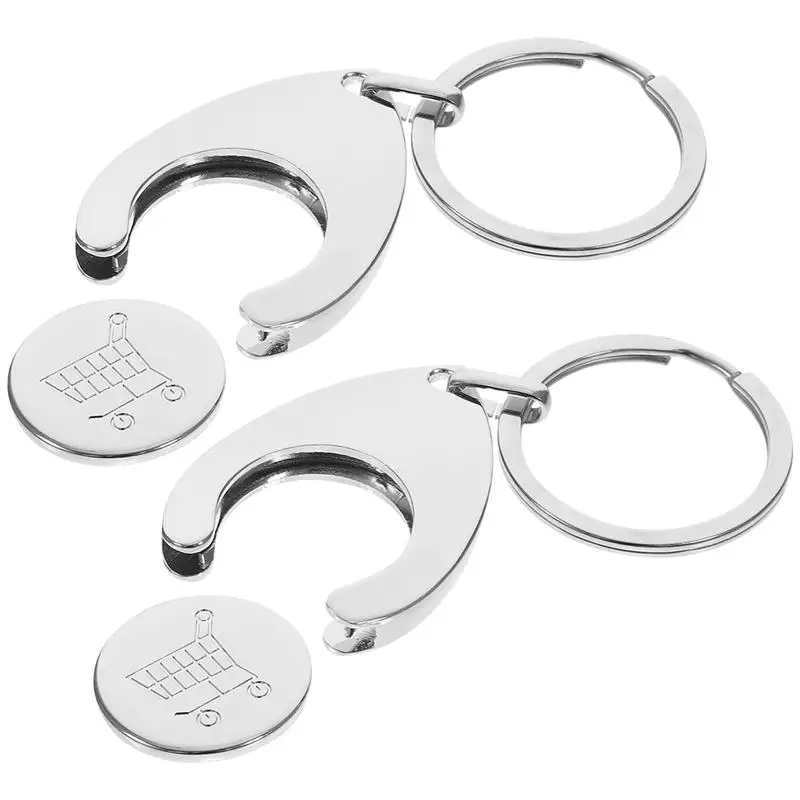 2pcs Trolley Coin Holder Keychains Ornament Metal Keyring Coin Holder Supermarket Shopping Cart Chip Key Chain Pendant