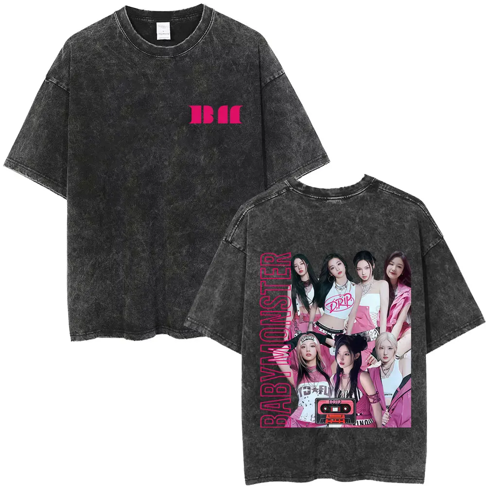 

Babymonster Vintage Washed T-shirt Hello Monsters World Tour T-shirts Men's Women Korean Fashion Oversized Streetwear T Shirts