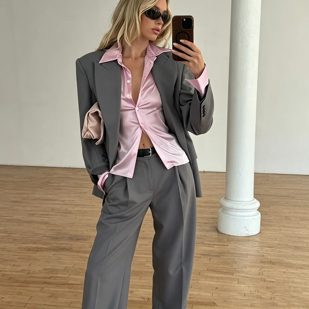 Chic Women Grey Oversized Suit Modern Office Casual 2 Piece Jacket+Pants Set Single Breasted Fashionable Ladies' Daily Outfits