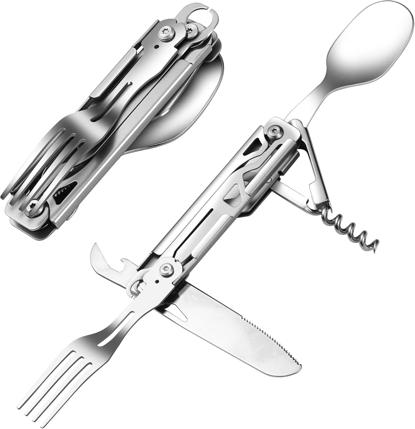

Folding Portable Detachable Stainless Steel Camping Flatware Multi-tool kits with Spoon Fork Knife Corkscrew for Hiking Picnic