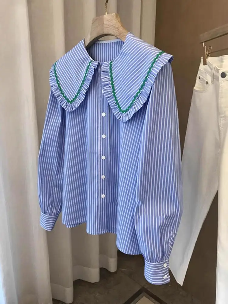 

Japanese Kawaii Women Shirt Long Sleeve Casual Tops Preppy Style Striped Single Breasted Blouses Lolita Sweet Autumn Clothing