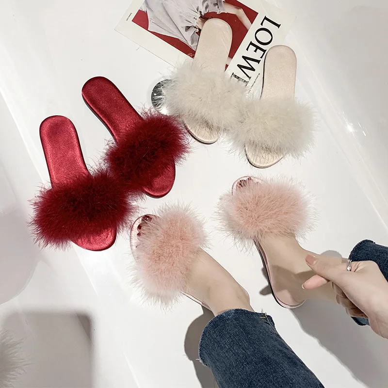 Slippers For Women Brides Bridesmaids Sweet Pink Red Fur Wedding Party Shoes Women\'s Fur Slipper Feather Modern Slippers