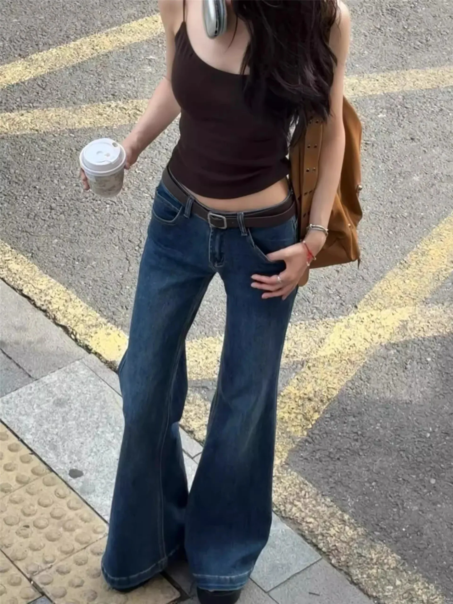 

American Retro Low Waist Flared Jeans Women's Spring Autumn Loose Drapey Tall Extended Non-Matching Wide Leg Pants