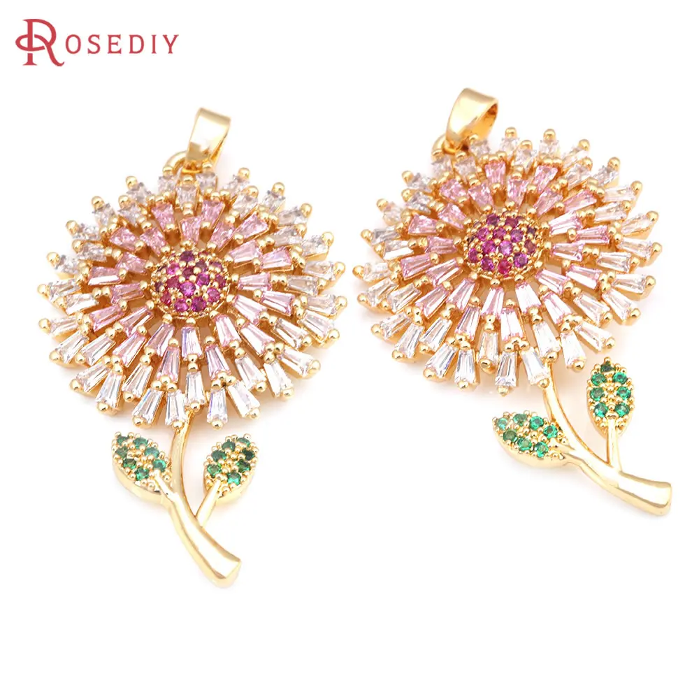 2PCS 18K Gold Color Brass and Zircon Flower Necklaces Charms Pendants High Quality Jewelry Making Supplies Accessories for Women