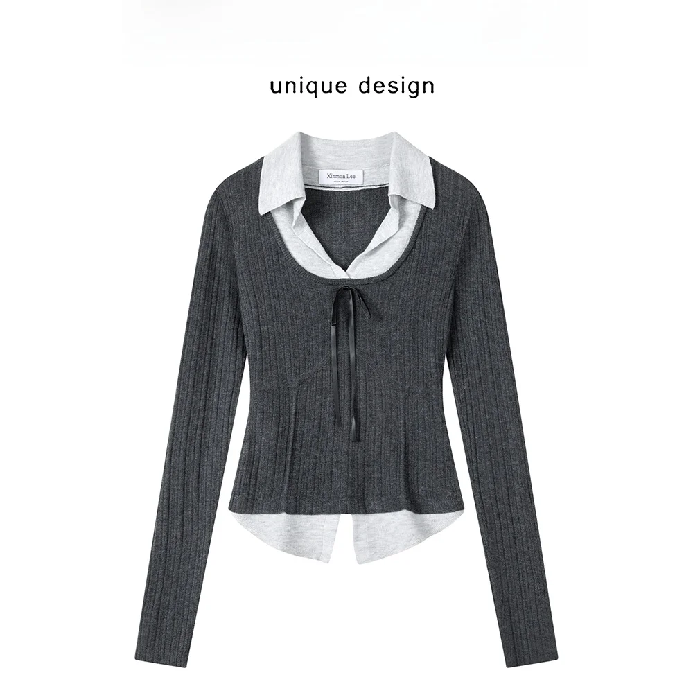 

Deep ey Vintage Plaid Knitted irt Slim Fit Splice Fake Two-Piece Sle ort Length V-Ne Long Sve Women's Faion
