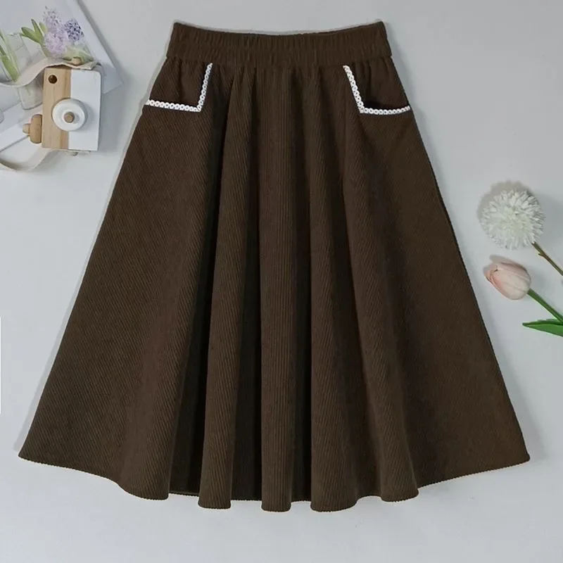 Corduroy Midi Skirt for Tween Girls Autumn Winter Black Pockets Versatile Comfortable School Casual Wear