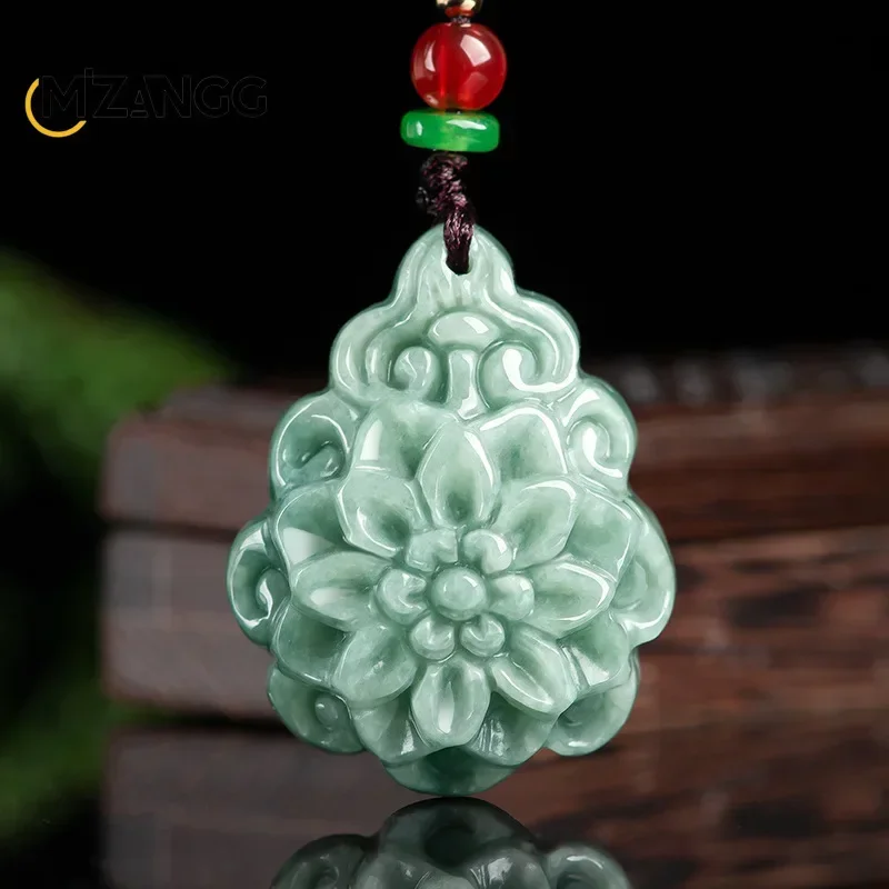 Myanmar Jadeite Rose Flowers Pendant Ice Kind Handmade Carved Men's and Women's Sweater Chain Necklace Wealth Fashion Jewelry