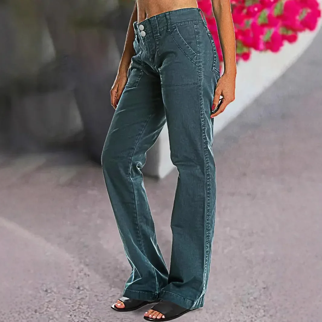 

Женские джинсы для мам, прямые брюки, джинсовая уличная одежда, винтажные потертые эластичные брюки со средней талией и рваными карманами на пуговицах, длиной до пола
