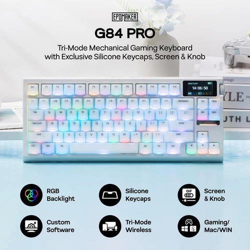 Imagen 2 del producto EPOMAKER G84 PRO 80% QWERTY ANSI US Layout Teclado mecánico inalámbrico con cable/Bluetooth/2,4 Ghz con pantalla de vidrio y perilla de metal