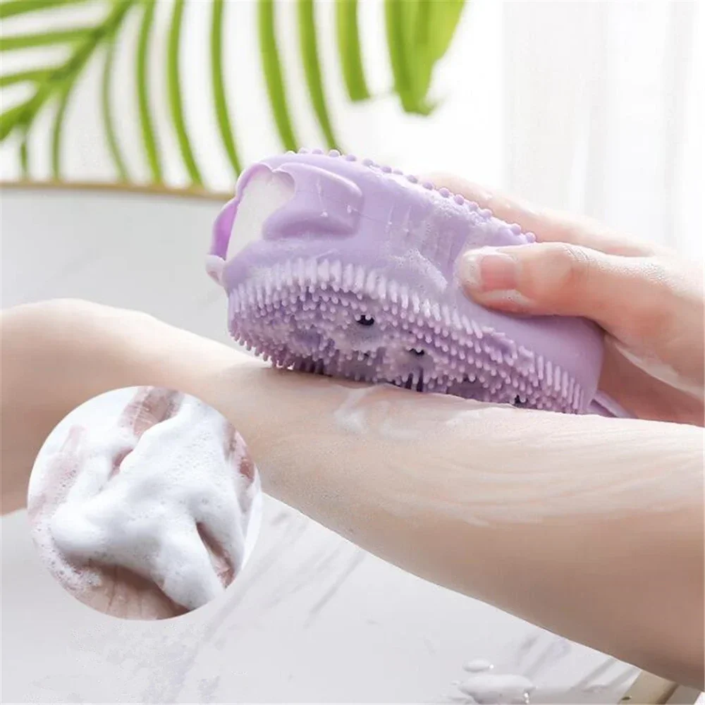 Double Side Silicone Bubble Bath Body Brush with Soap Storage Sponge Massage Scalp Scrubber Skin Clean Shower Exfoliating Mitt