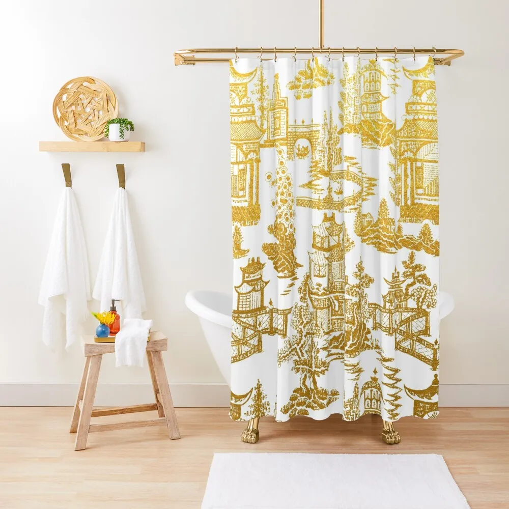 

Golden Pagoda Chinoiserie Lovers Shower Curtain Bathroom Box Washable Waterproof Fabric Shower Bathroom Deco Curtain