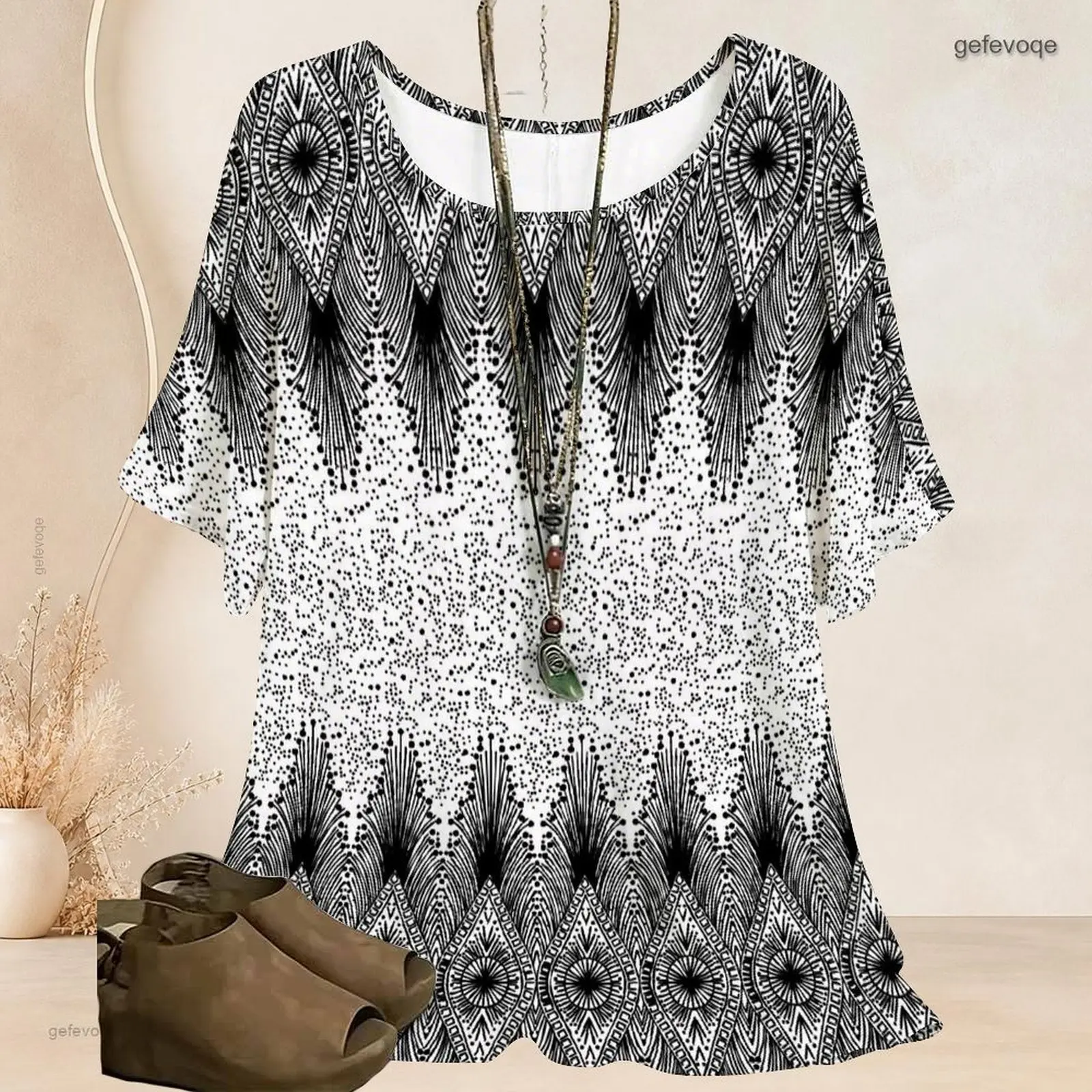 Women Light Beige Purple Flower Butterfly Botanical Printed Round Neck Loose Batwing Short Sleeve Top