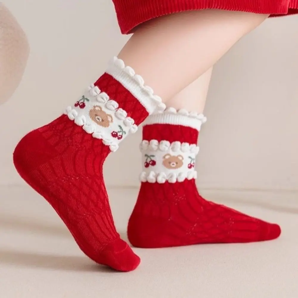 Cotton Children New Year Socks Cherry Flower Bear Cartoon Bunny Rabbit Christmas Socks Red Chinese Style Kids Hosiery