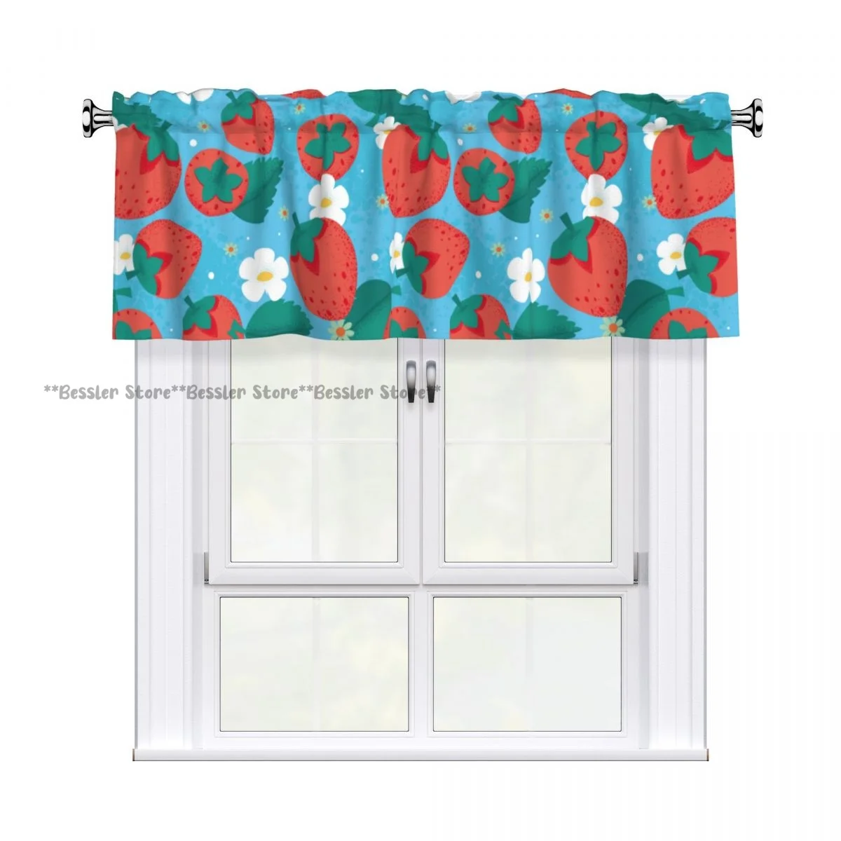 1PC Valance Cafe Window Rod Pocket Curtain Cute Strawberry And Flowers Short Valance Curtain For Home Kitchen Decoration