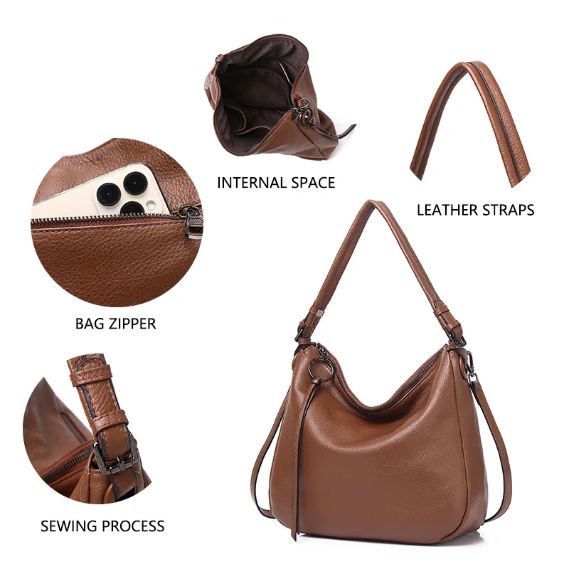 VM FASHION KISS 100% Cowhide Casual Women's Handbag Solid Hobos Shoulder Bag Genuine Leather Soft Messenger Bag High Quality