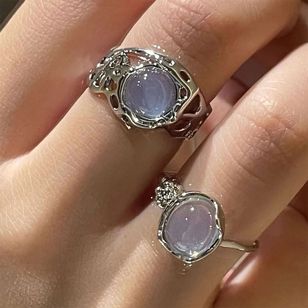 LATS Irregular Opal Aesthetic Egirl Hollow Rings for Women Trendy Silver Color Creative Finger Ring Fashion Jewelry Wholesale