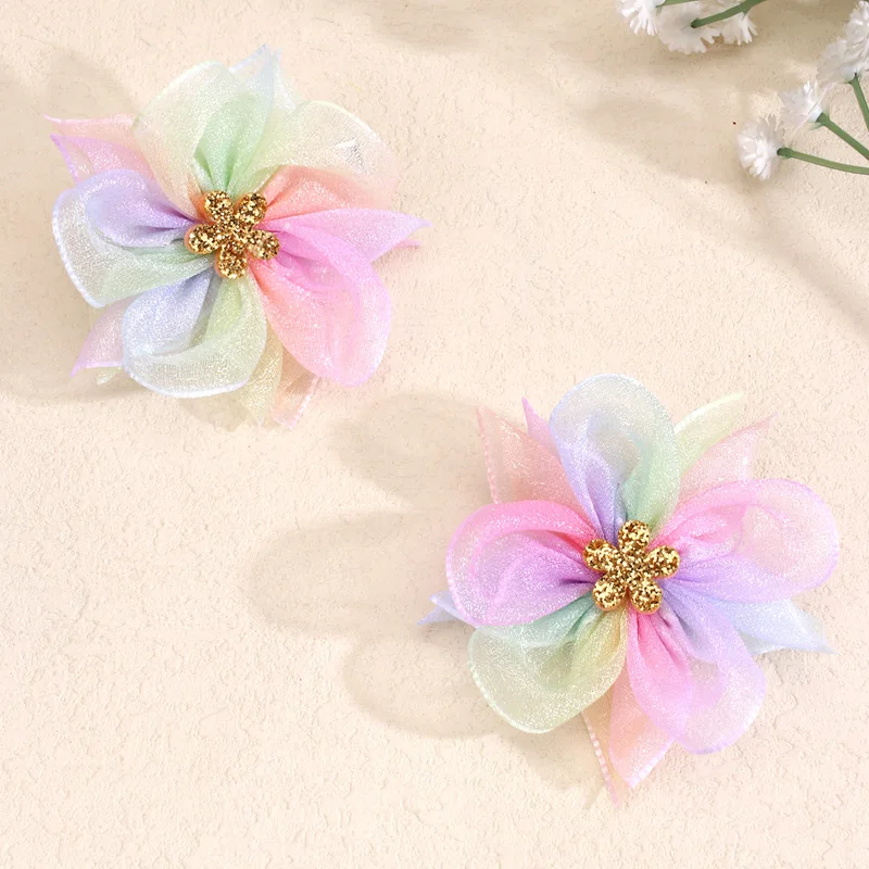 2Pcs Mesh Flower Hairpins Sweet Hair Bows Clip For Girls Ribbon Bow Alligator Barrettes Kids Side Clips Sweet Headdres