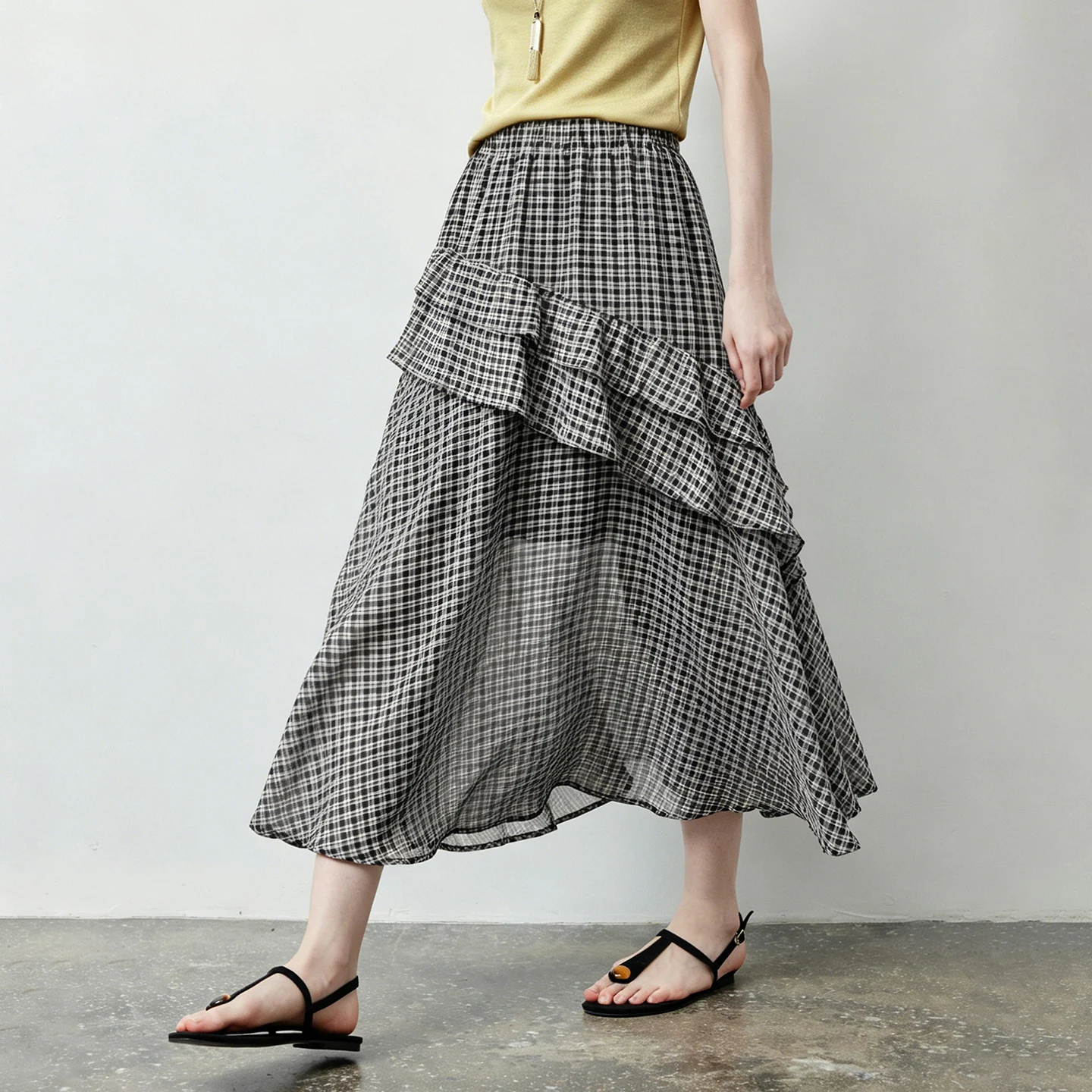 TOYOUTH Women Skirt 2026 Summer New Black and White Plaid Vintage Irregular Ruffled Layered A-line Flared Hem Casual Skirt