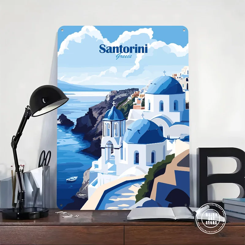 Santorini Greece Metal Poster Custom Wall Art Retro Vintage Tinplate Signs for Decoration Home Decor Items Bar Accessories House