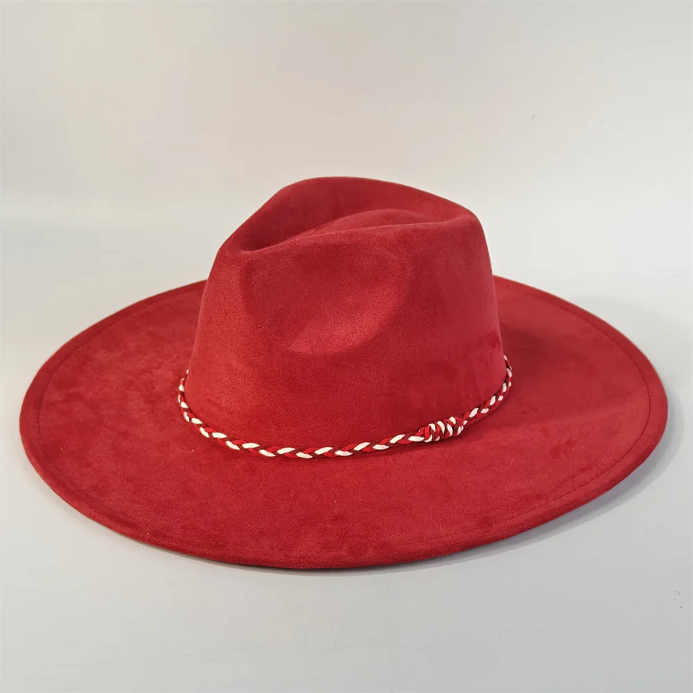 جديد اللون من جلد الغزال عادي فيدورا قبعة للجنسين الكنيسة الجاز قبعة بنما قبعة لباد قبعة الزفاف الملونة مضفر حزام الملحقات