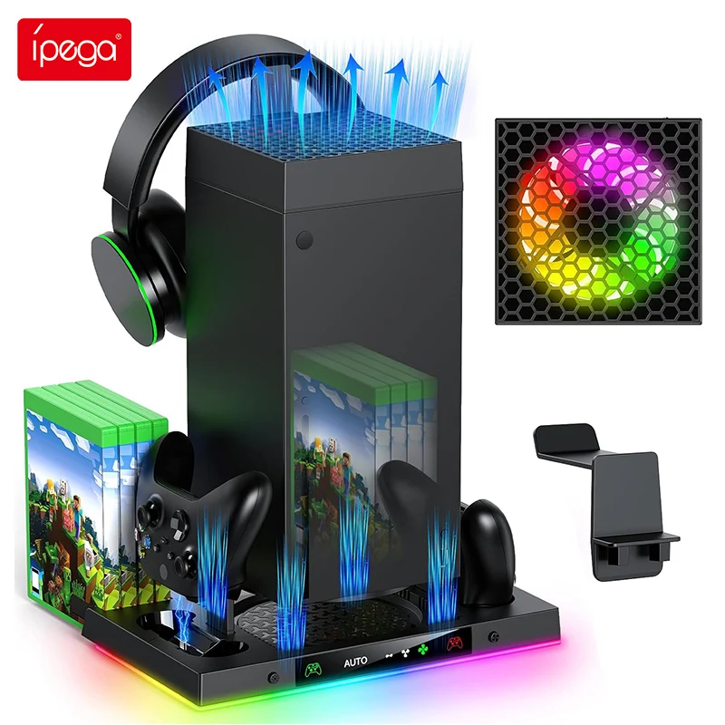 

RGB Charging Dock with Headphone Stand Vertical Cooling Fan Stand with 3-Levels Fan with Game Discs Card Slot for Xbox Series X