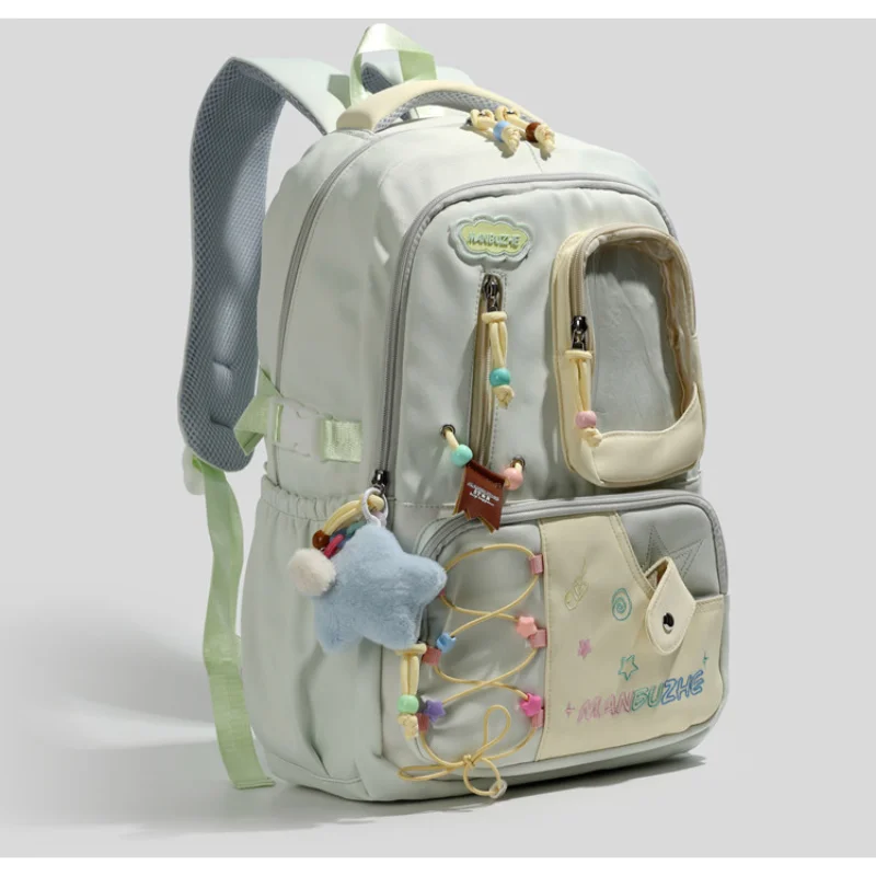 Pastel Green Ita Backpack, Clear Window School Bag with Colorful Bead & Plush Charm, Kawaii Student Daypack for Pin Display
