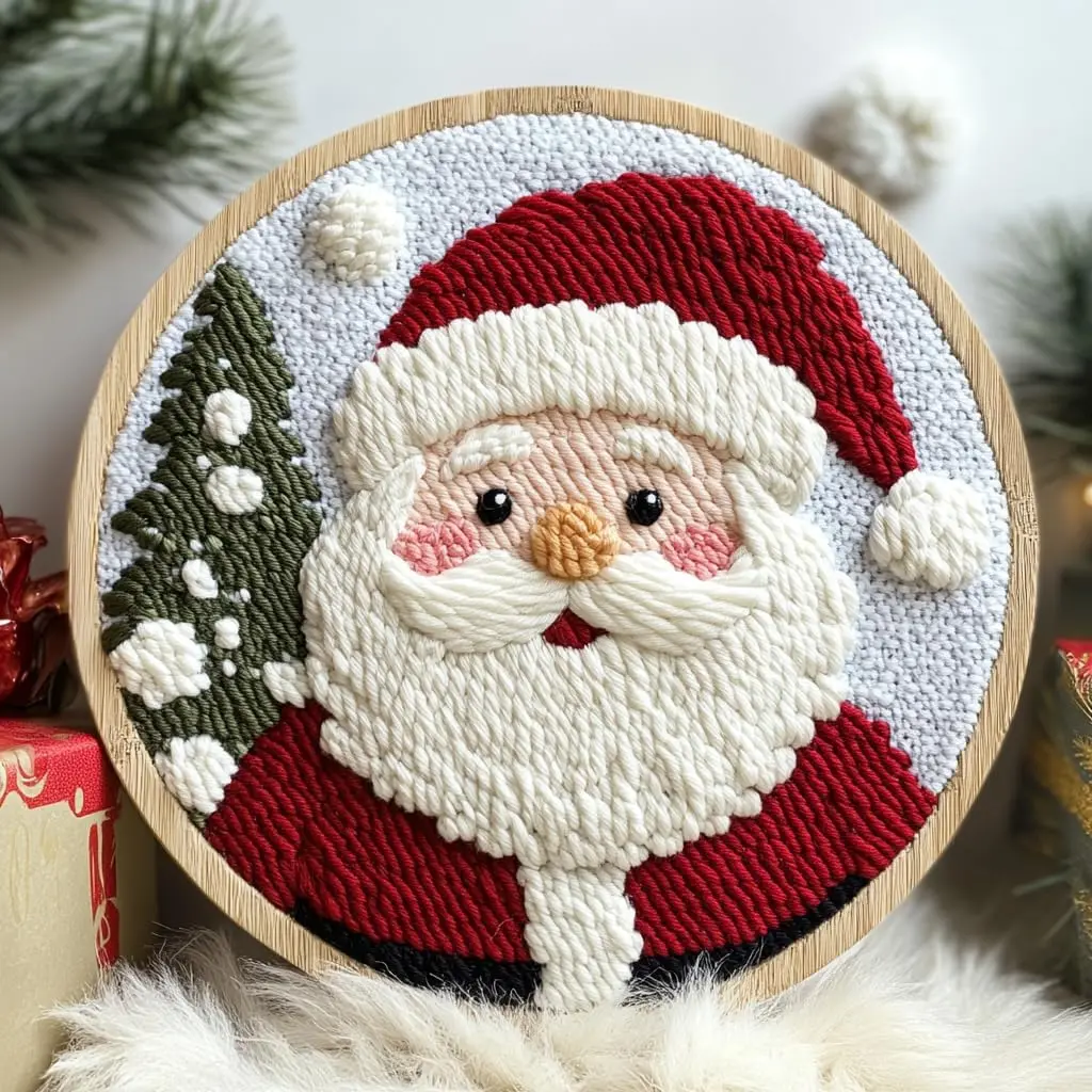 DIY Punch Needle Kit for Beginners: Santa Claus Embroidery Set with Hoop, Easy Craft Gift for Adults and Kids, 20x20cm