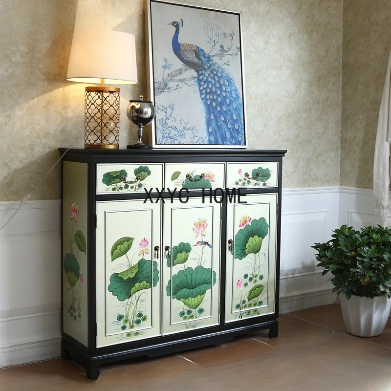 Solid Wood Painted Lotus New Classical Entrance Cabinet Screen Hallway