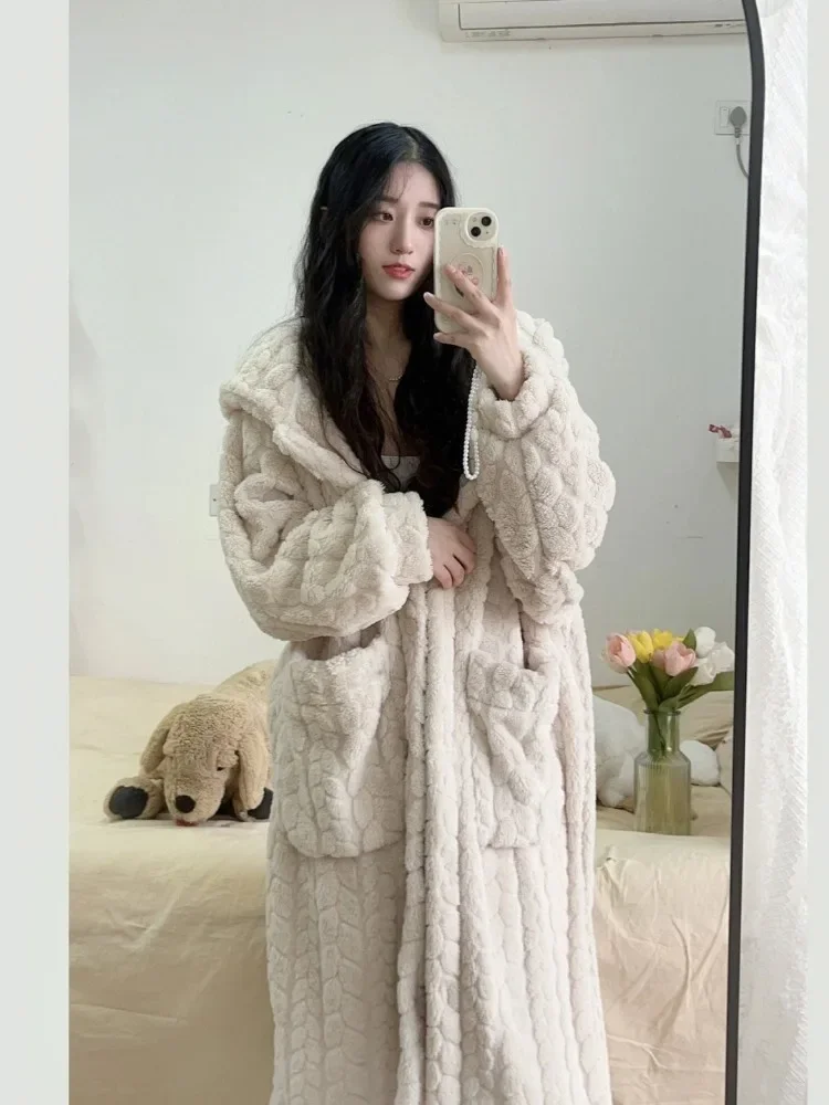 Hooded Robes Women Pockets Solid Leisure Cute Warm Winter Nightwear Soft Korean Style Ladies Vintage Age-reducing Sleepwear