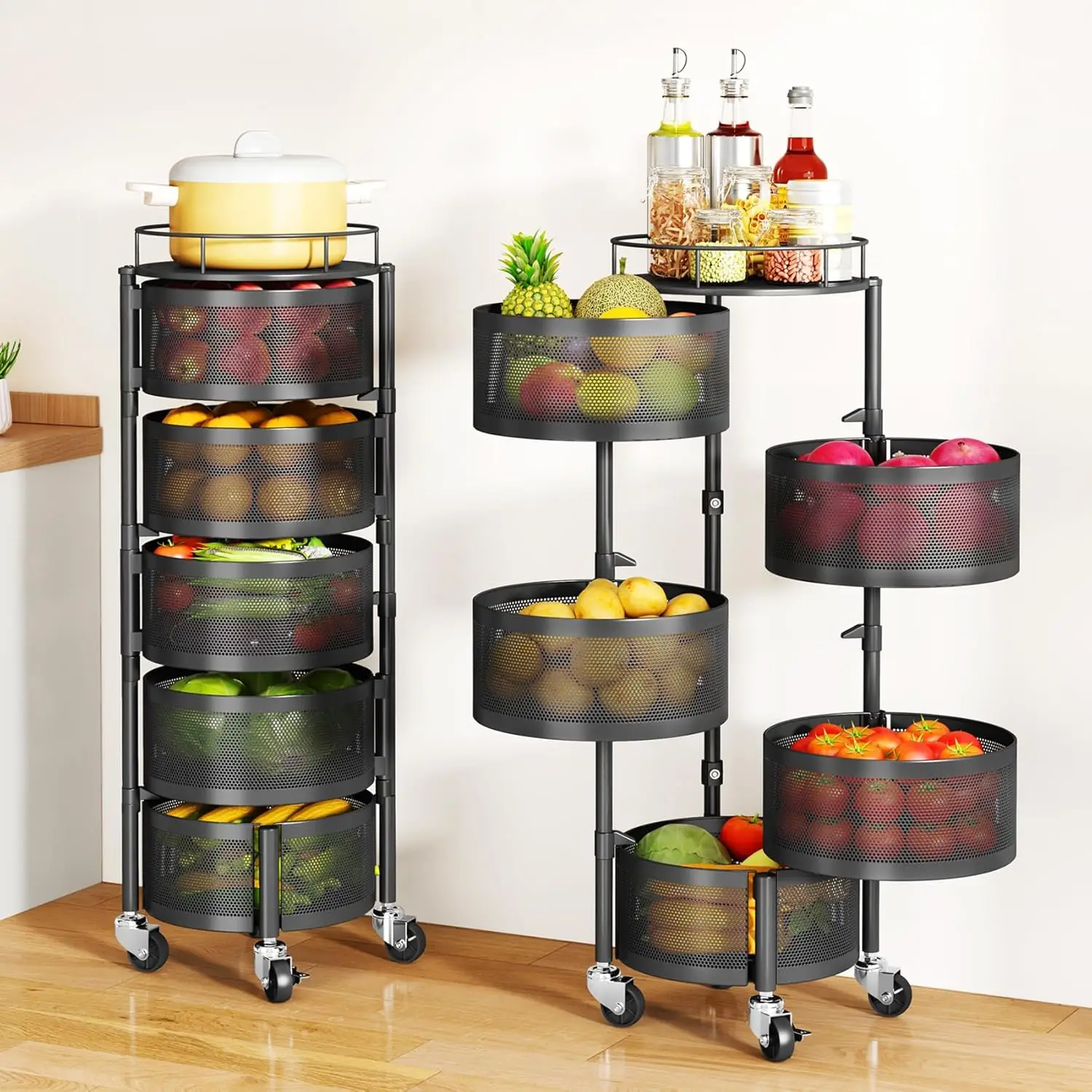 

5-Tier Rotating Kitchen Storage Cart with Wheels, Large Capacity Fruit Vegetable Basket, Black