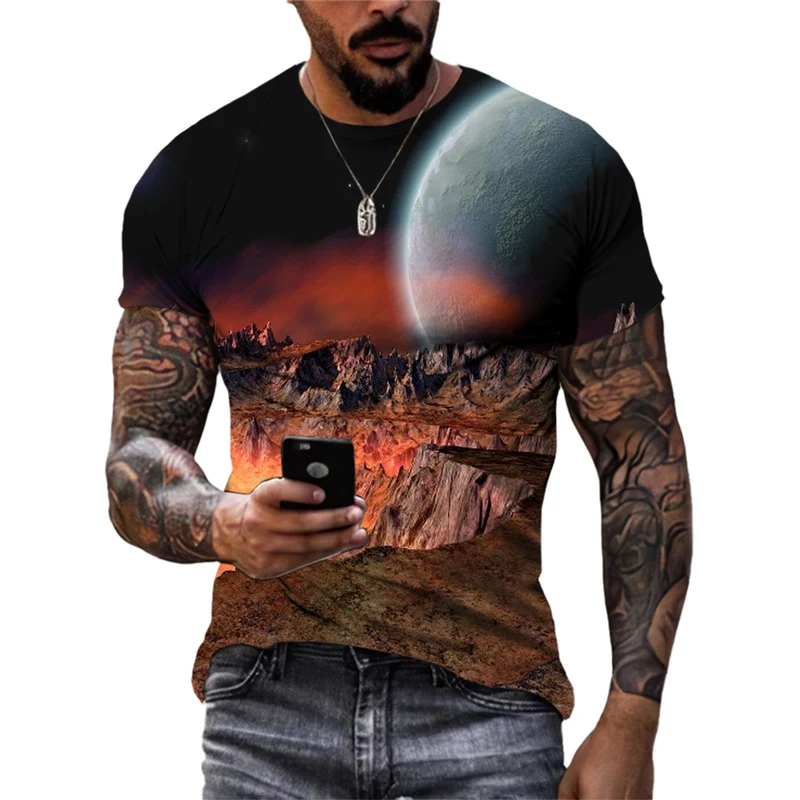 Summer Fashion New Design Martian Landscape Graphic T Shirts Men Trend Personality 3D Printed Round Neck Streetwear Tees Tops