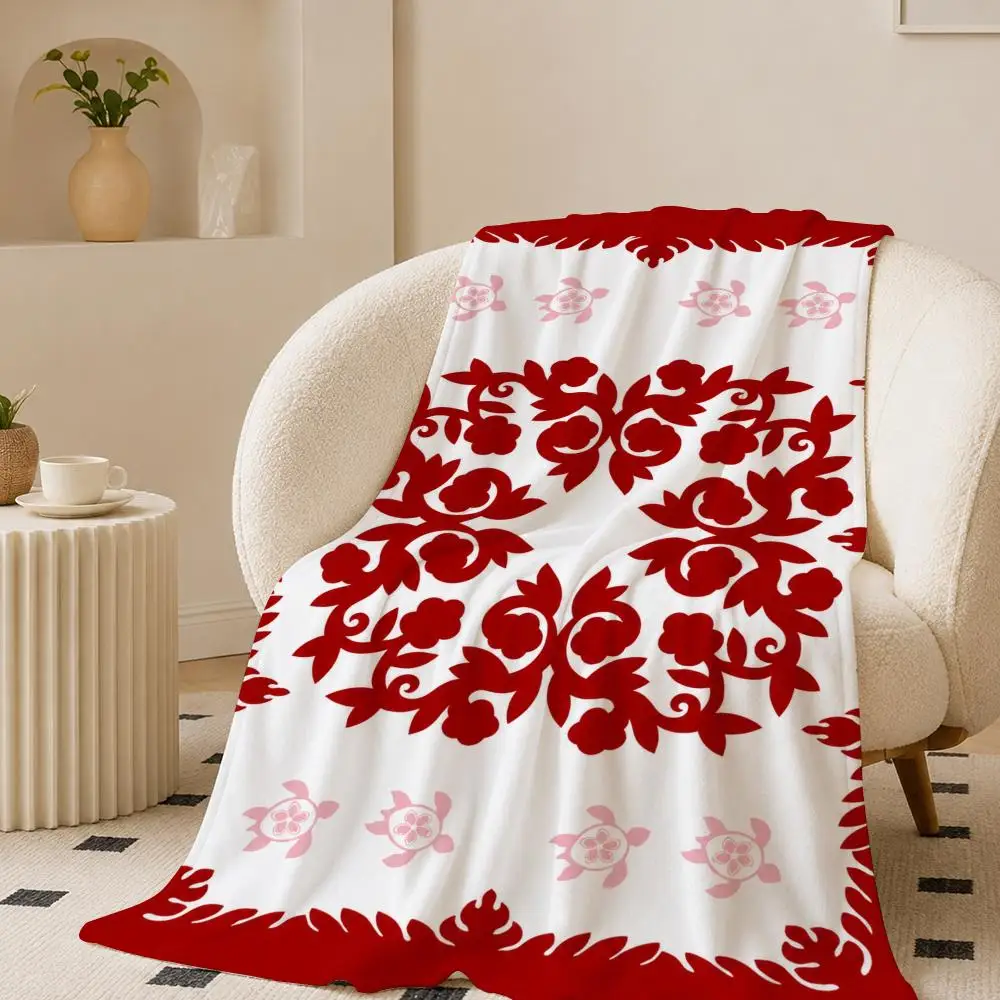 Folk Floral Tile Pattern Throw Lightweight 240g Flannel Blanket Soft Skin-friendly for Summer Cooling
