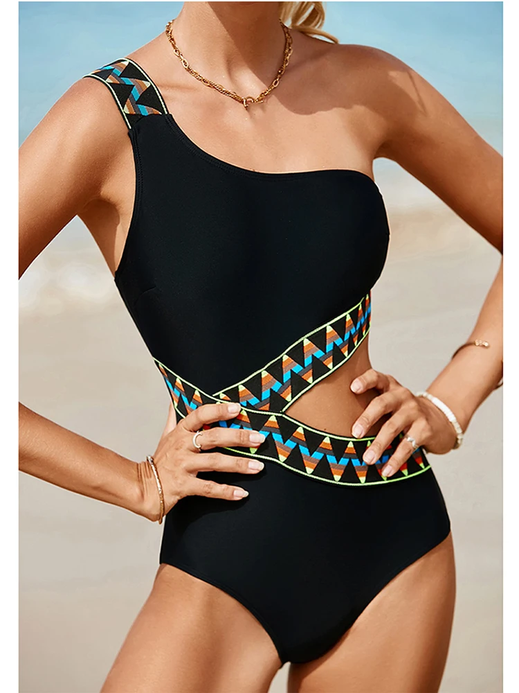 Summer Women\'s Sleeveless Casual Style Polyester Material 2024 New Fashion One Shoulder Slim Fit Printing One Piece Swimsuit