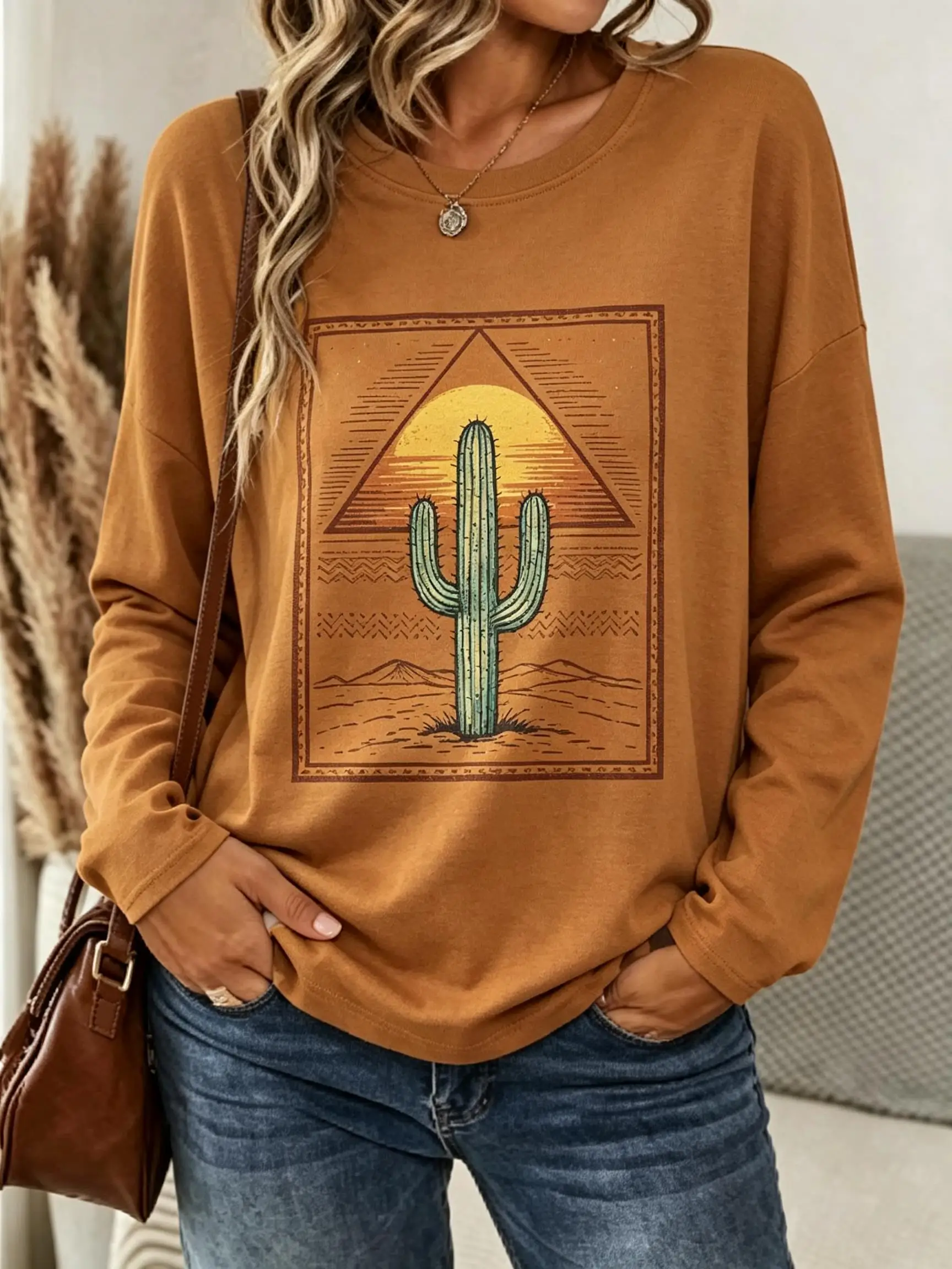 Women Long Sleeve Tee Top Desert Cactus Sunset Frame Print Autumn Fashion Casual Round Neck Sweatshirt Women's Clothes