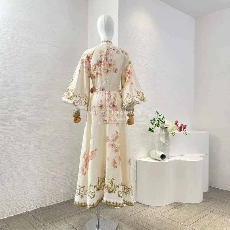جديد البيج الحرير قطع الأبيض الأزهار طباعة فانوس كم الماس الدانتيل متابعة المرأة ميدي اللباس #3